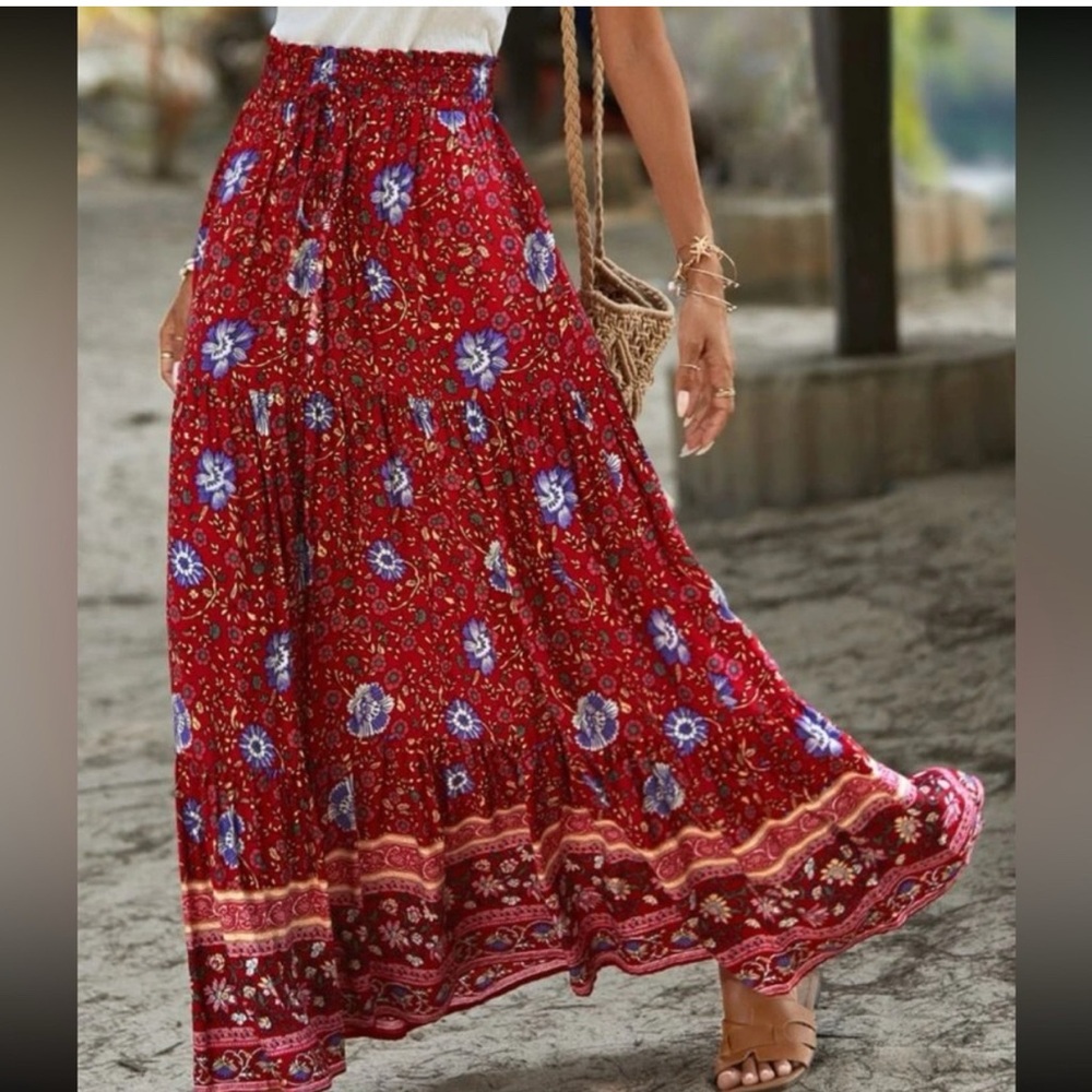 Floral Red Print Boho Maxi Skirt. Excellent condition worn once